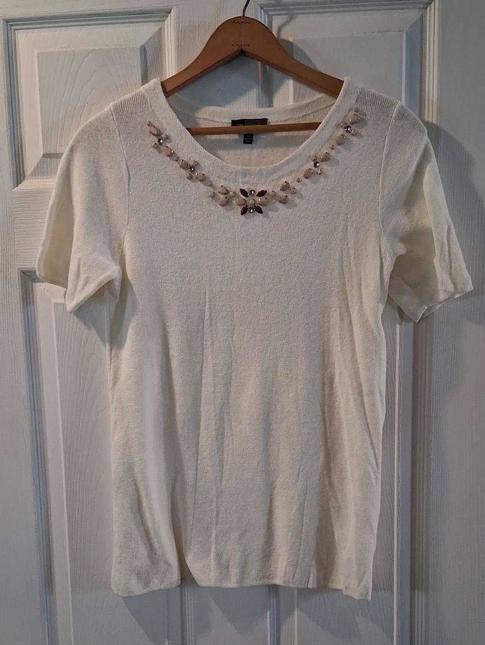 The Limited Cream Short-Sleeve Top with Beaded Neckline